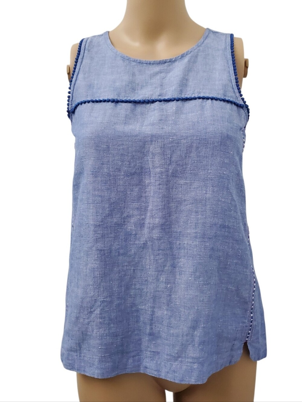 J. Crew Light Blue Linen-Texture Sleeveless Pom Pom Top (XXS)